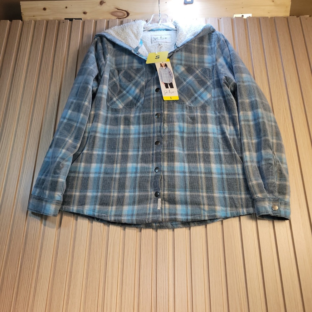 Soho Threads Women Blue Plaid Corduroy Hooded Shacket Sherpa Lined STLW008B42 S